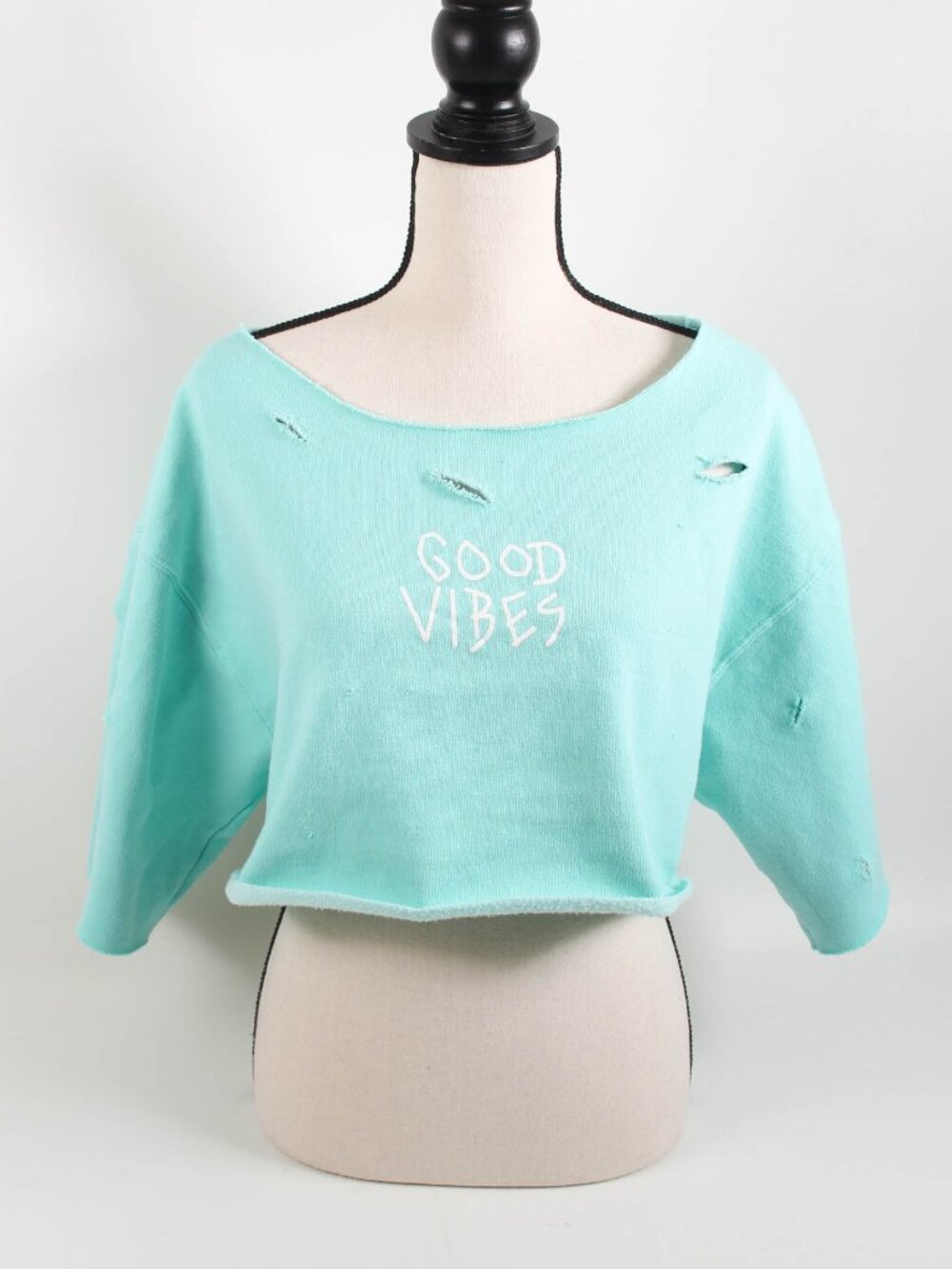 DIY Distressed Cropped Sweatshirt Teal Good Vibes Y2K Grunge